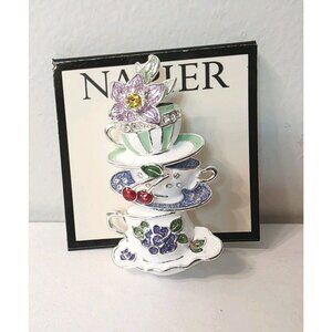 Napier Jewelry Stacked Multicolor Tea Cup Floral Cherry Enamel Pin Brooch